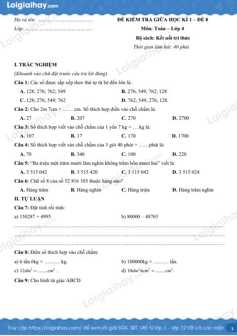Đề kiểm tra giữa học kì 1 Toán 4 Kết nối tri thức - Đề số 8